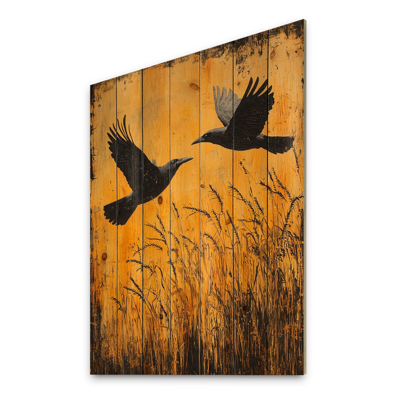 Corbeaux foncés dans le champ de maïs I - Art mural en bois d'oiseau - sur bois de pin naturel, H 20 po x l 10 po x P 0,78 po