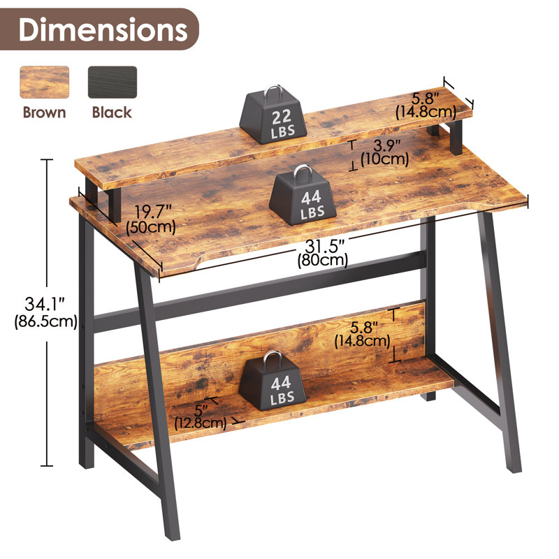 31.5" Computer Desk for Small Spaces, Modern Home Office Desk with Storage Shelf and Monitor Stand, Rustic Brown/Black