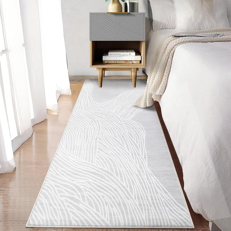 2x6 ft Plush Hallway Runner Rug – 350gsm Faux Lamb Wool, Machine Washable, Non-Slip, Modern Swimming Pattern for Entryway, Kitchen (Black & White)