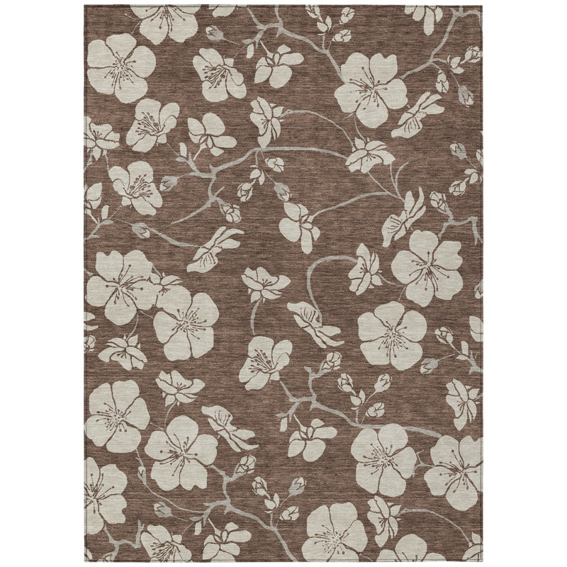 3' X 5' Brown And Beige Floral Washable Indoor Outdoor Area Rug
