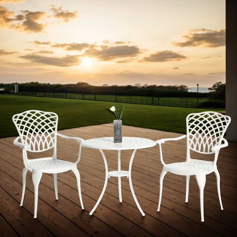 3 Piece Patio Bistro Set Cast Aluminum Bistro Table And Chairs Set Of 2 With Umbrella Hole, White