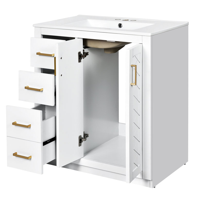 Armoire de salle de bain 30 po en céramique - meuble-lavabo en bois massif avec beaucoup d'espace pour les accessoires, Blanc