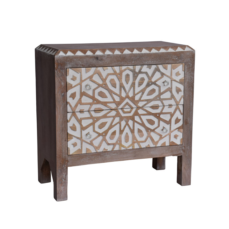 Cassidy Reclaimed Solid Mango Wood Hand Carved Side Table – Mia Collection, Distressed White Finish 