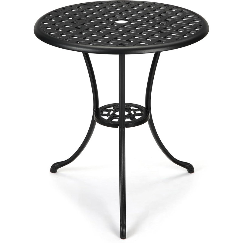 23.6" Round Patio Bistro Table, Cast Aluminum, Umbrella Hole, Outdoor Porch Garden, Black, Black