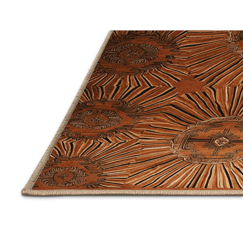 Tapis art déco brun lavable à la machine, Rond 4 pi