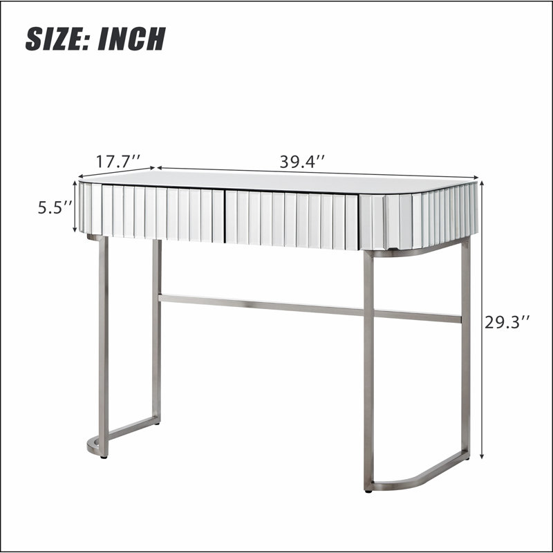 39" Mirrored Makeup Vanity Table with Stainless Steel Base, Mirrored Console Dressing Table with 2 Drawers,Versatile Desk for Bedroom and Office
