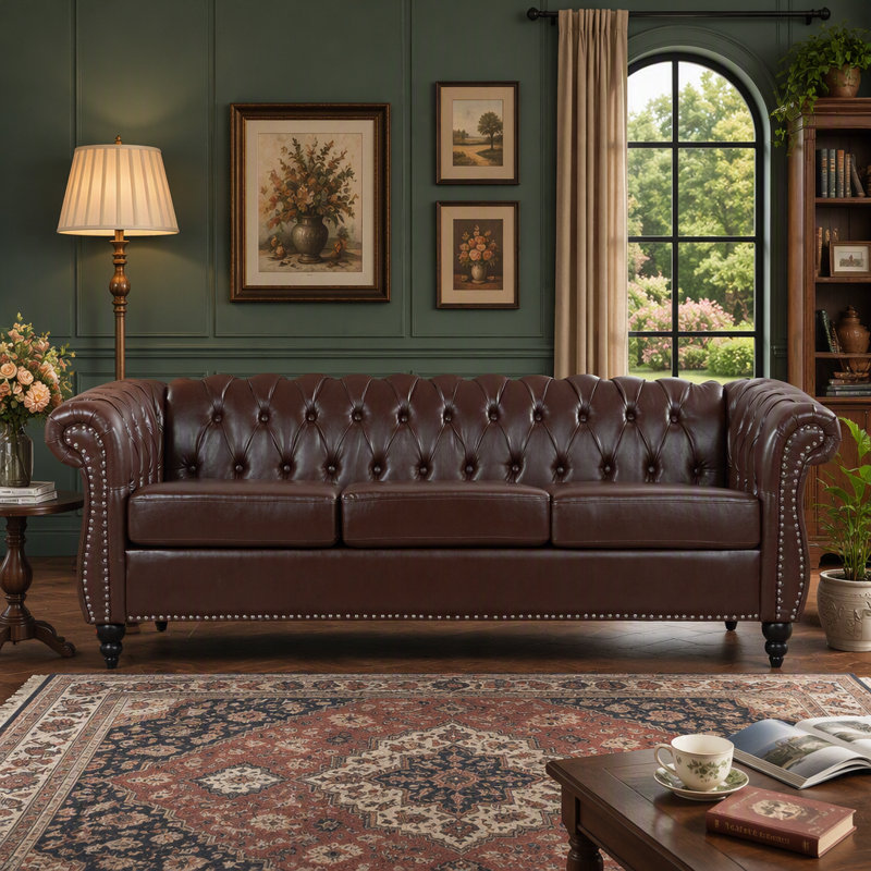 Canapé Chesterfield 84,65 po, Simili cuir brun foncé