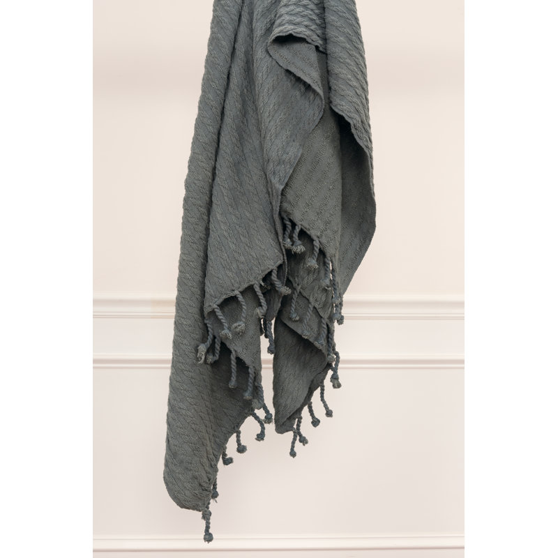 Gray Cotton Cable Knit Reversible Throw Blanket with Fringe