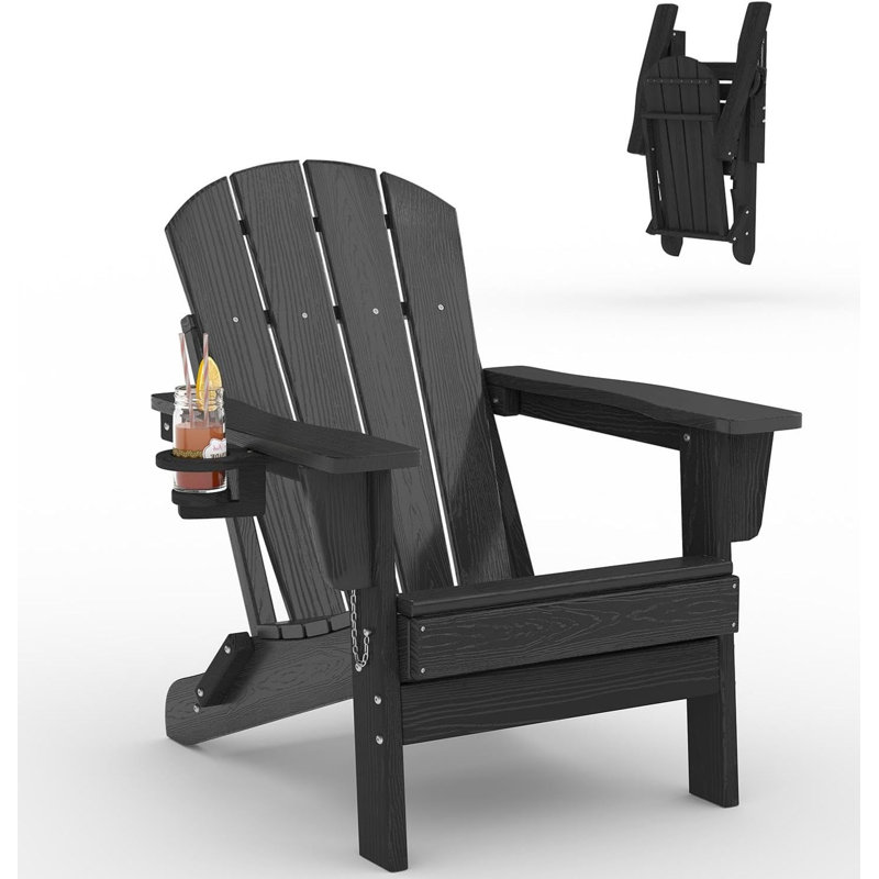 Folding Adirondack Chair, All-Weather HDPE Outdoor Chair, Wooden Textured with Cup Holder for patios, Decks, Gardens, fire pits, Black