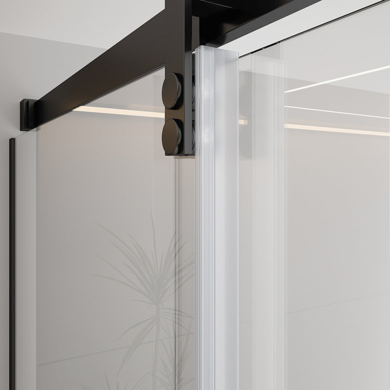 59" W x 75" H Single Sliding Frameless Shower Door, Barn-Style Matte Black Hardware, 5/16" (8mm) Clear Tempered Glass with Easy-Clean Coating, Reversible Left/Right Opening, 25" Walk-In Opening