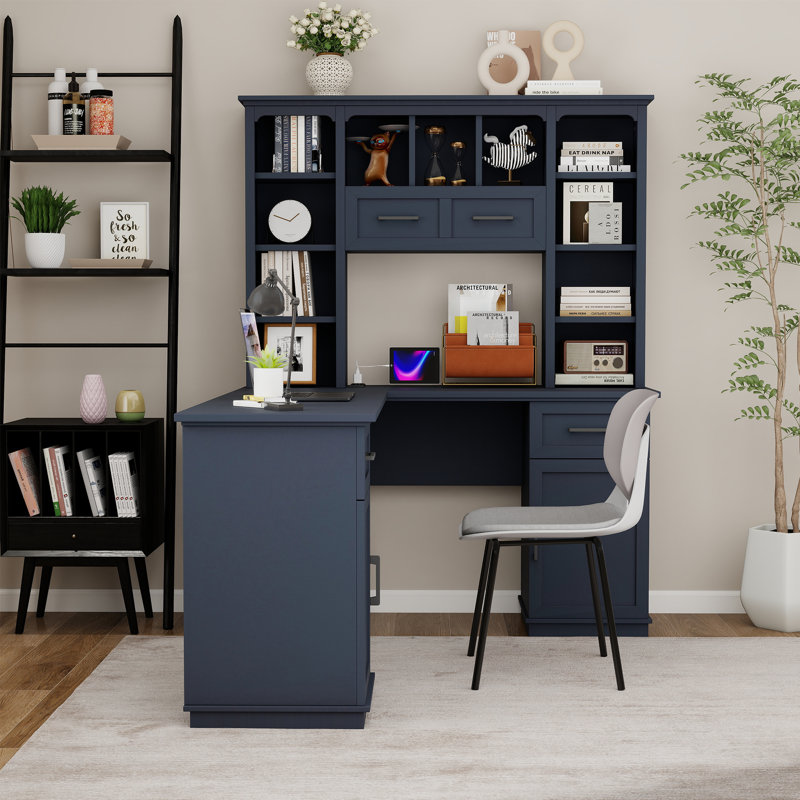 Bureau d'ordinateur en L 2 en 1 avec tiroirs, armoire, tablettes ouvertes, prise de courant, Bleu