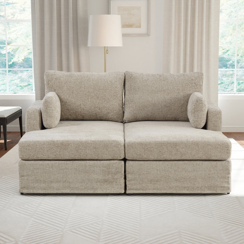 63.4" W Slipcovered Upholstered Chenille Chaise Lounge, Taupe