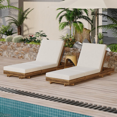  Acacia Wood Outdoor Chaise Lounge with Triple-Fold Water-Resistant Cushion and Reclining Backrest, Cream
