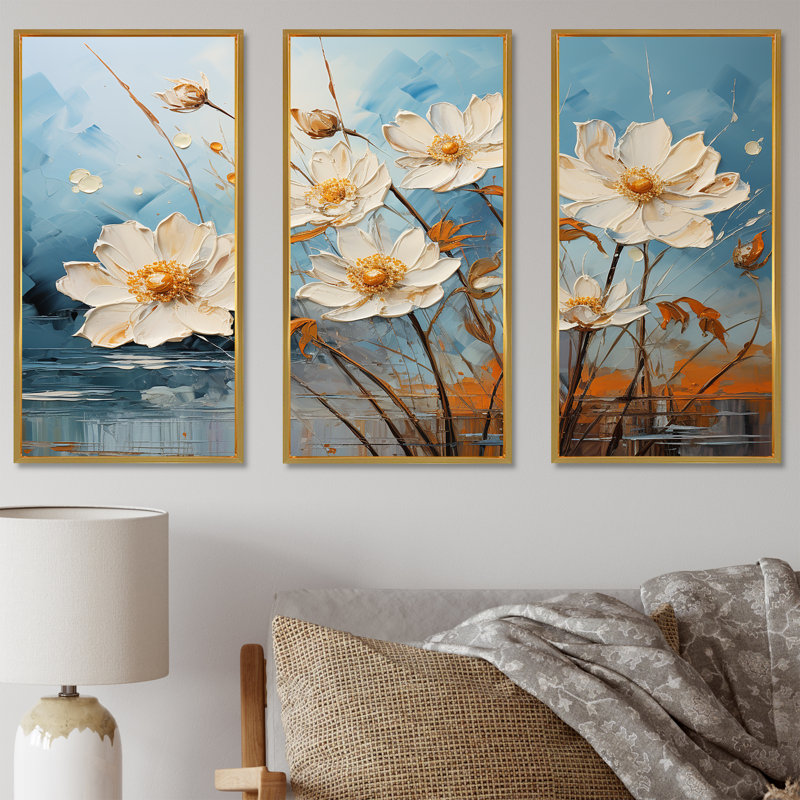 Couleurs vives gris et blanc jonquilles Bloom - ensemble de décorations murales jonquilles, Cadre flottant doré