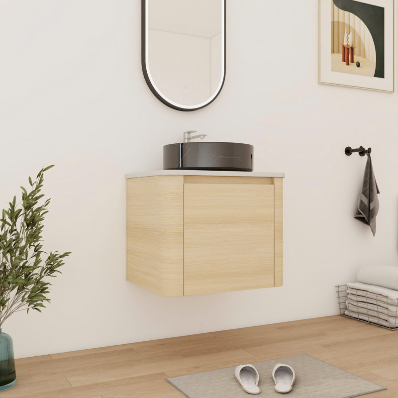 24'' Single Floating Bathroom Vanity With Ceramic Top, 24", Grey, Beige