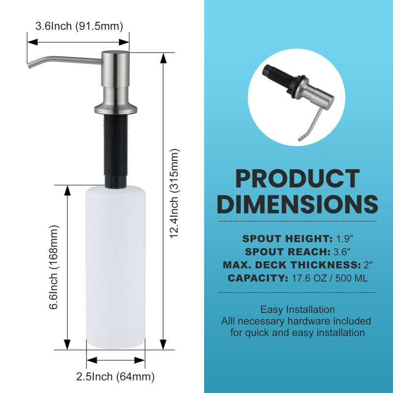 Kitchen Sink Mount Lotion Dispenser Top refill Stainless Steel Soap Dispenser with 17.6 oz. Cap, Brushed Nickel