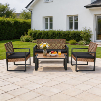 4-Piece Outdoor Patio Conversation Set, Acacia Wood Table Top with Modern Tone for Porch Garden Backyard Lawn