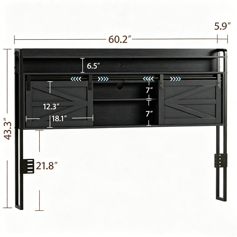 Headboard with Storage, Outlets, USB Ports, and LED Light Strip, Black, Queen
