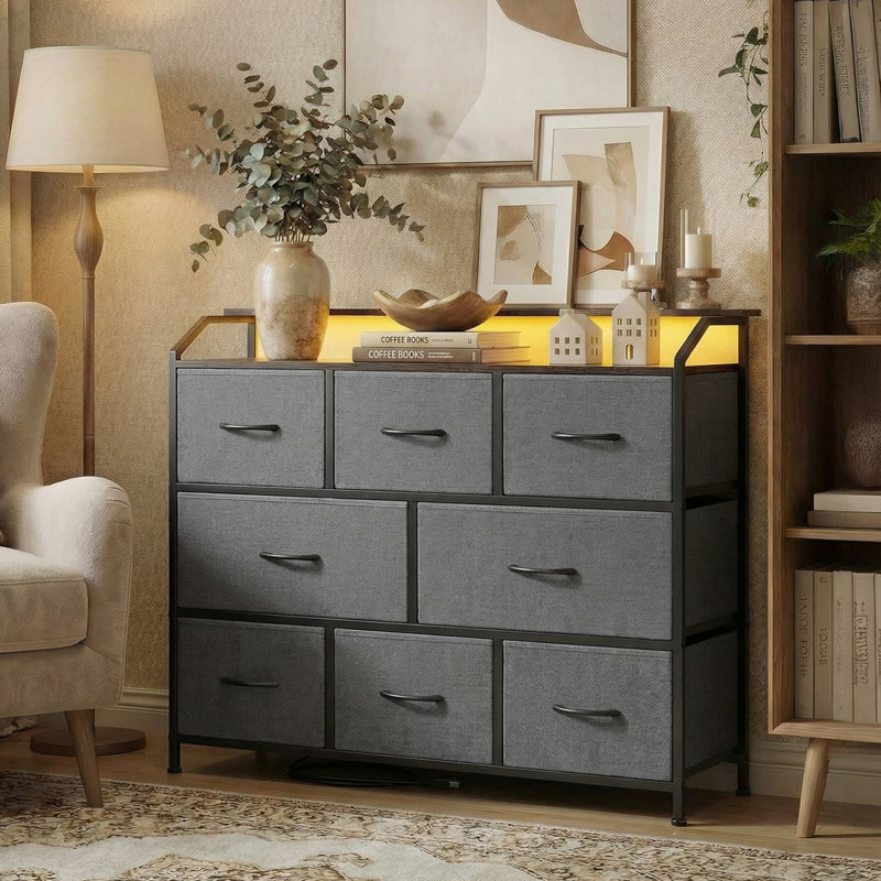 Meuble télé avec 8 tiroirs en tissu et éclairage DEL, Gris