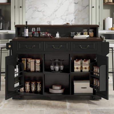 53.2" Two-Tier Farmhouse Kitchen Island with Power Outlet, 3 Drawers, Adjustable Shelves, 4 Door Racks & Rolling Base, Rustic Bar Cabinet Kitchen Stor by Red Barrel Studio