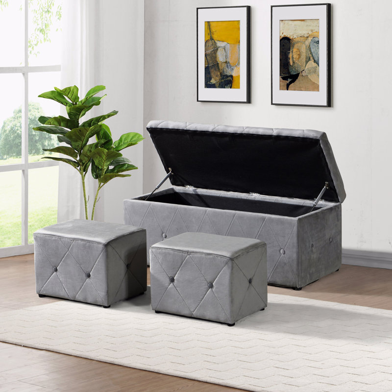 1 Piece Rectangular Storage Ottoman Short Velvet With 2 Set Ottomans, Gray Velvet