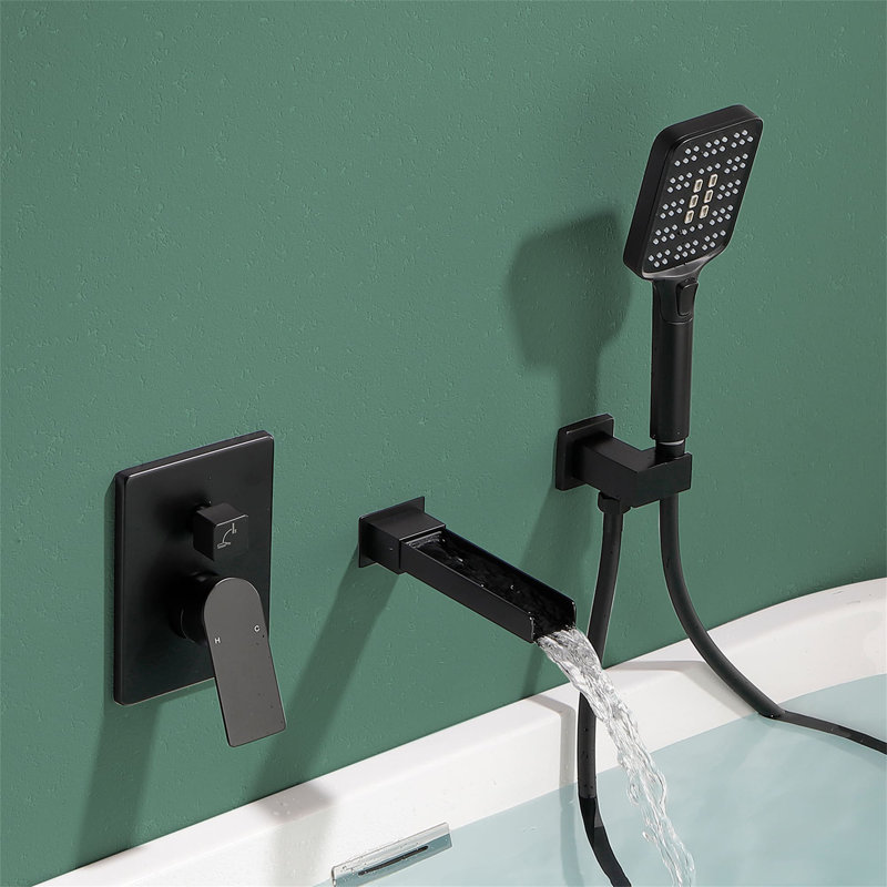 Wall Mounted Waterfall Tub Faucet with Hand Shower 1 Handle Bathtub Faucet Brass, Matte Black