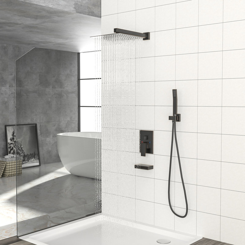 Wall Mounted Shower With Waterfall Tub Spout - 12" Square Rain Head, Handheld, Oil Rubber Bronze, -balanced, 12 Inch Valve