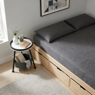 Round Side Table With Storage Basket And Tray Top, Compact End Table Or Nightstand For Living Room, Bedroom, And Small Spaces