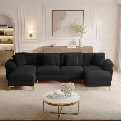 Canapé modulaire en chenille en U 114 po avec méridienne et pieds dorés