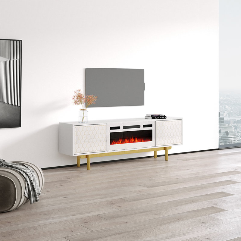 Goti 70.9" Modern TV Stand with Electric Fireplace, High Gloss Finish, Wall-Mounted, White