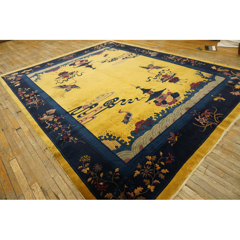 Antique Chinese - Art Deco Yellow Room Size 1920s Rectangle Wool Knotted Rug