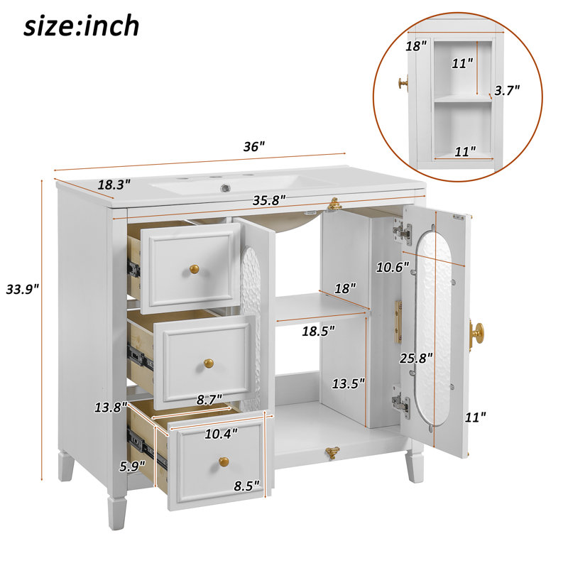 Meuble-lavabo moderne de 36 pouces avec portes et tiroirs à fermeture en douceur, Blanc / blanc