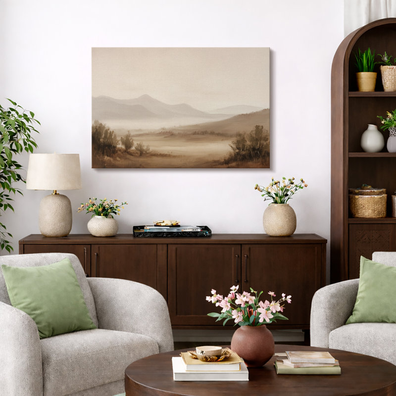 «Minimal Beige Misty Mountain», œuvre d'art sur toile encadrée, impression sur toile, H 32 po x l 48 po, Toile tendue