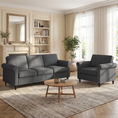 2-Piece Linen Modern Sofa Set, 3-Seater & Armchair with Nailhead Trim, Dark Grey
