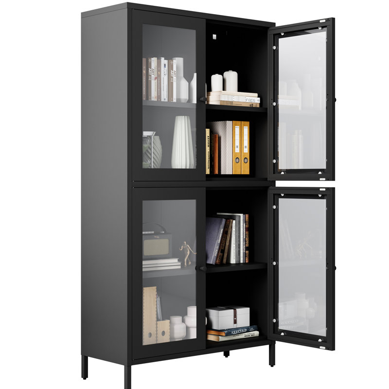 Armoire à 4 portes en verre pour le rangement des chaussures - noir avec portes et tablettes réglables