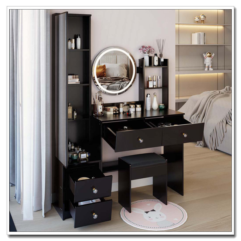 Bureau de maquillage avec miroir et lumières DEL, tabouret confortable, parfait pour les petits espaces et les maisons modernes