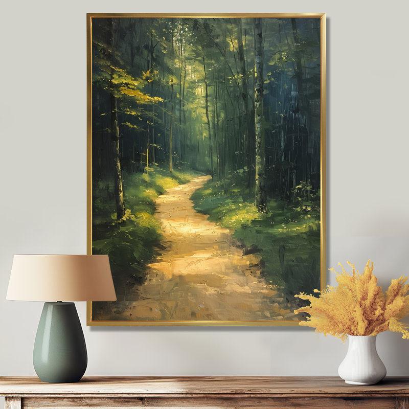 Sentier en bois murmurant l'été II - Décoration murale forêt, Cadre flottant doré, H 24 po x l 32 po x P 1 po