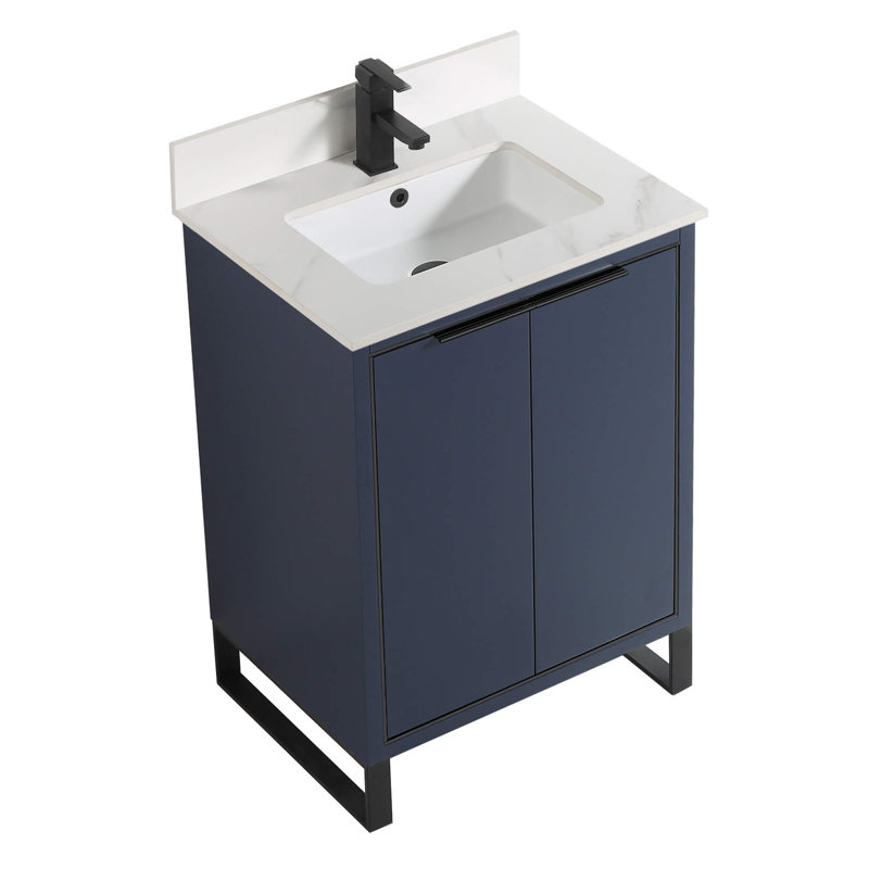 Minday 24'' Single Bathroom Vanity with Stone Top, Matte Black, Navy Blue