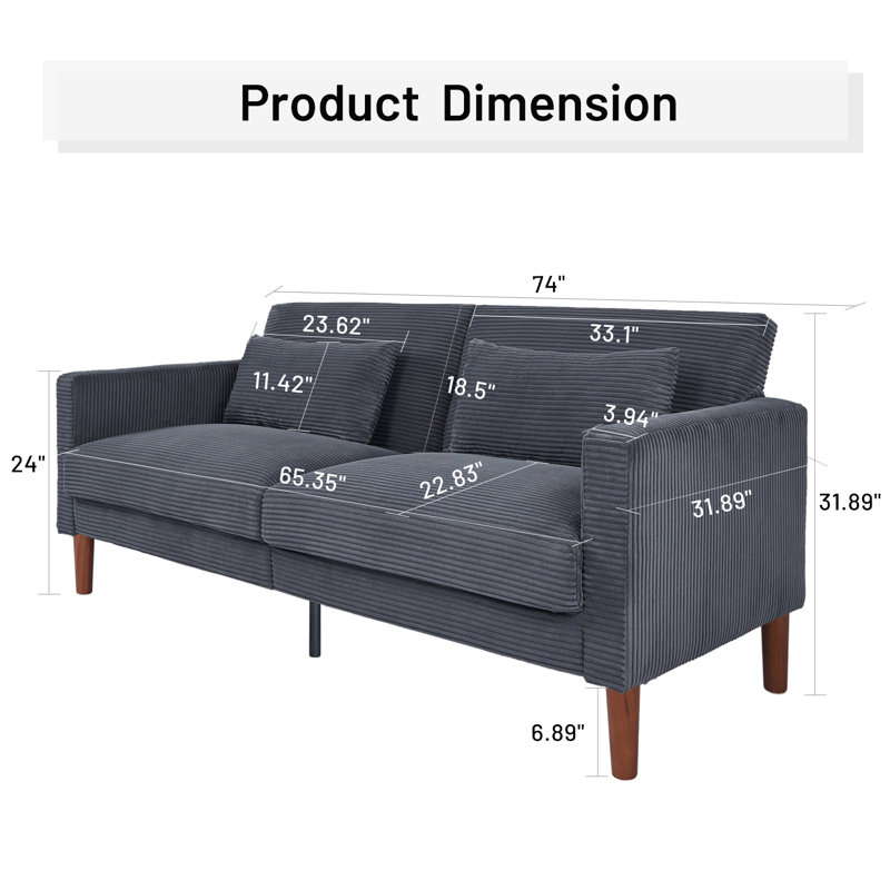74 Inch Corduroy Sofa: Extra Deep Comfort, Mid-Century Modern 3-Seater Loveseat Couch, Gray