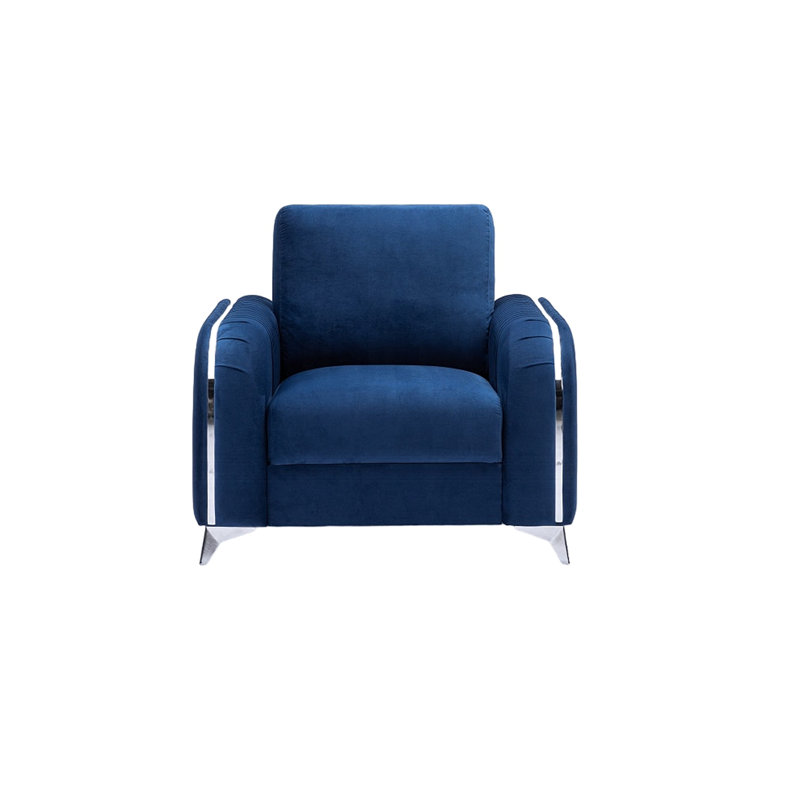 Chaise d'appoint bleue avec pieds en métal et garnitures chromées