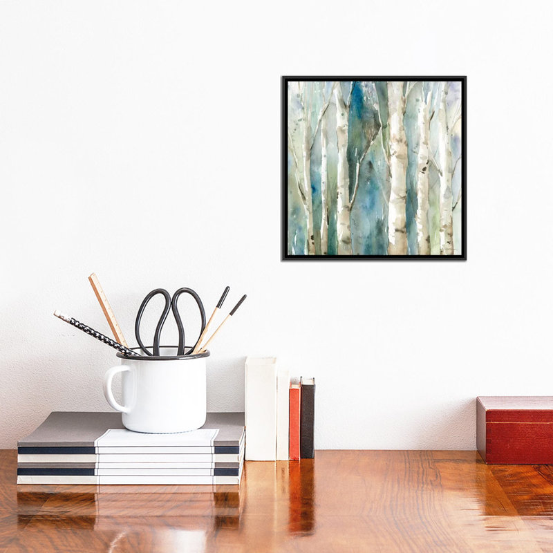 « river bouleau i », impression sur toile tendue, H 18 po x l 18 po x P 1,5 po, Toile avec cadre noir, Pas de tapis
