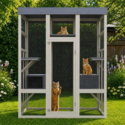 Enceinte d'extérieur pour chat 70 ", terrasse en bois avec plateformes et boîtes de repos