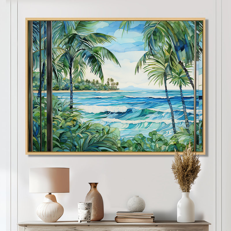 Tranquillité de plage tropicale - art mural côtier, Cadre flottant brun, H 24 po x l 32 po x P 1 po