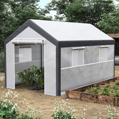 12' X 7' Walk-In Greenhouse. White Outdoor Garden Warm House With 4 Windows, 2 Zippered Doors And Weather Cover. , Construction Plant Entrances Protected, Stable Build
