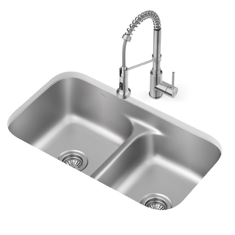 KRAUS Premier 32-in L 18 Gauge Undermount 50/50 Double Bowl Stainless Steel Kitchen Sink and Commercial Style Pull Down Faucet in Spot-Free Stainless Steel