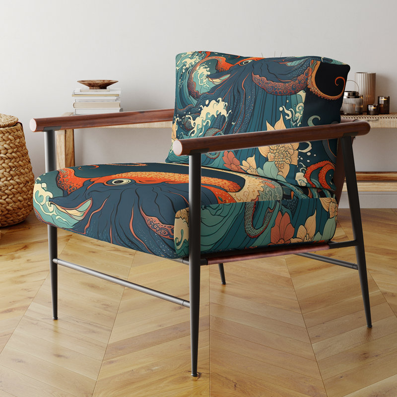 Chaise avec accoudoirs décorative paysage japonais avec pieuvre V, Noir