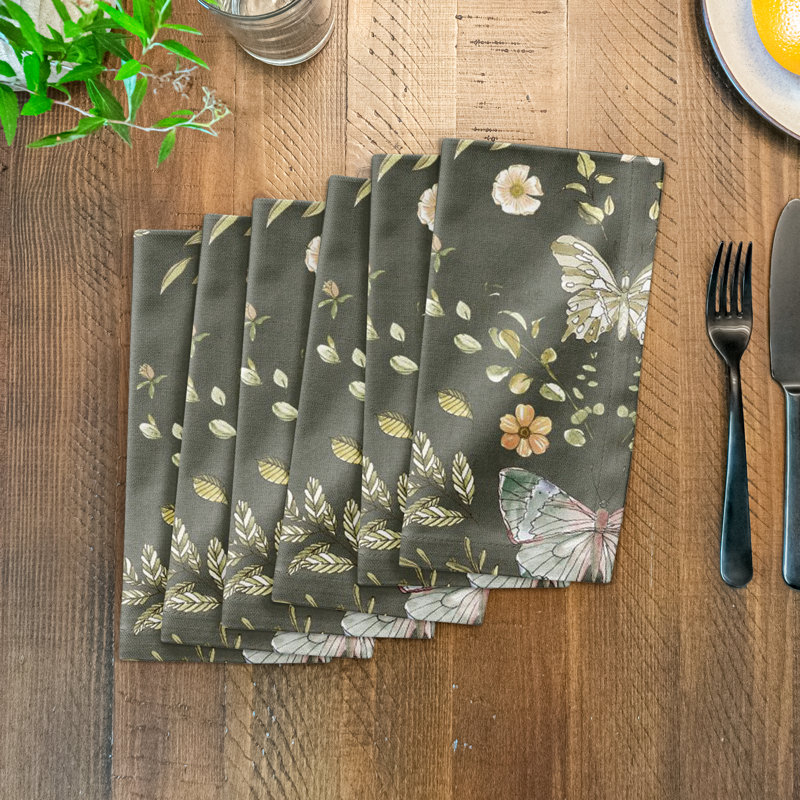 Amke Cotton Twill Floral Rectangle Napkin, Forest Green