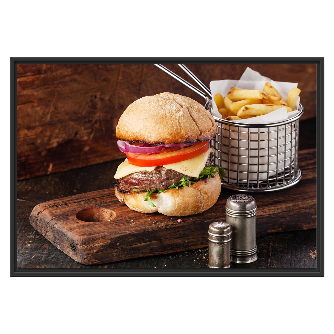 Gerahmtes Wandbild Cheesburger mit Pommes