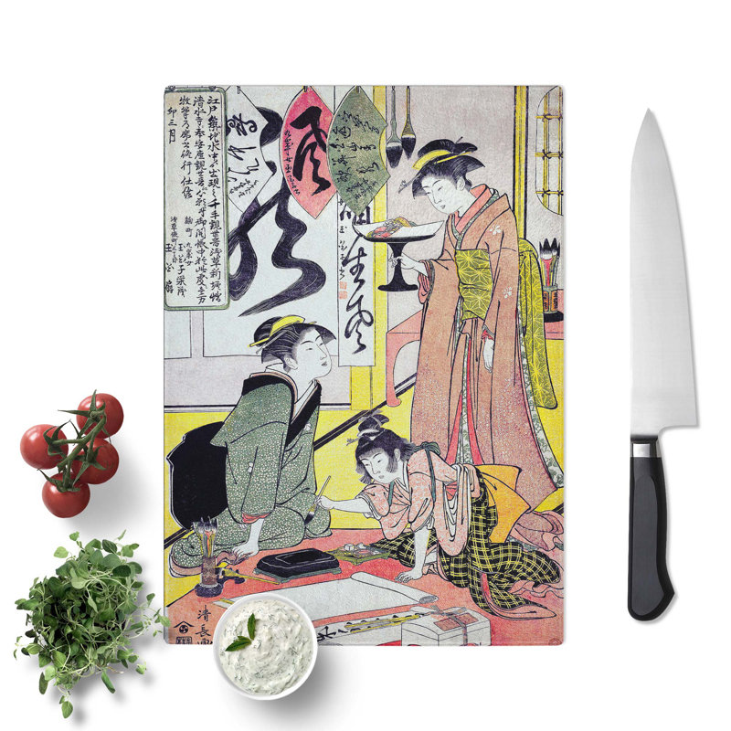 Tempered Glass Eimo Preparing Calligraphy by Torii Kiyonaga Chopping Board, 28.5cm W x 20cm L