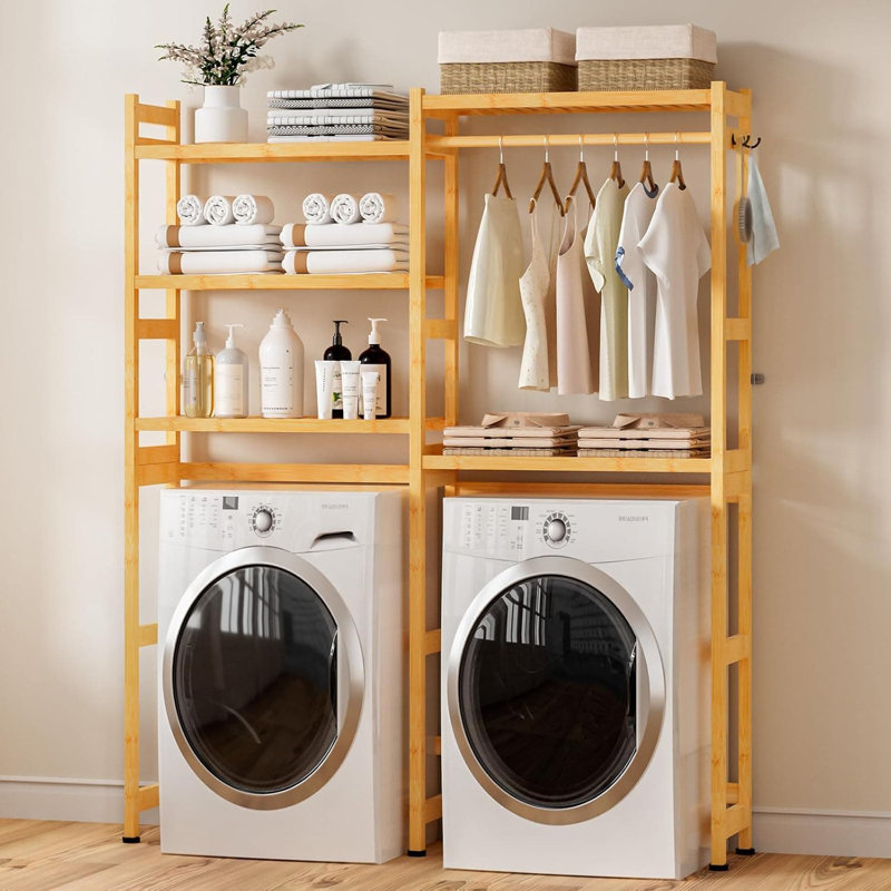Over The Washer Dryer Storage Shelf 5-tier Bamboo Laundry Rack With Adjustable Shelves Hanging Rod And Hooks Space Saving Organizer For Laundry Room